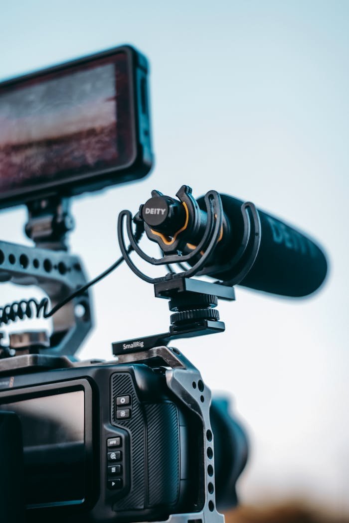 Detailed shot of a camera setup with a microphone, monitor, and rig, ideal for video production.